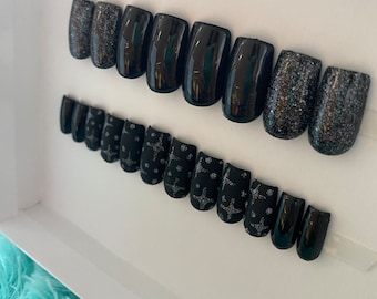 Ready to Ship 20pc Black press on nail set with star Reflective gel polish