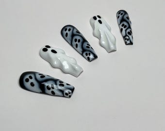 Black and White 3d Ghost Halloween Press on Nails