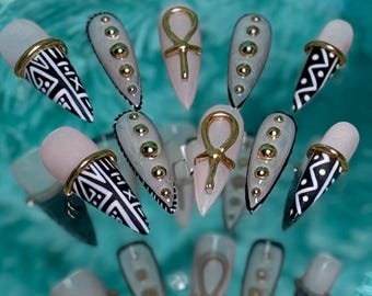 Black and White African Print Press on nails with Gold Chrome Bangles and Anhk  (More Life)