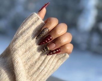 Cherry Red Burgundy Cheetah print Cateye Press on Nails with Gold Chrome Bangles
