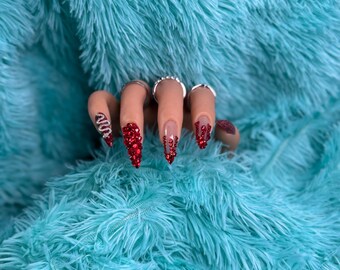 Crimson(Red) Rhinestone Drip Press on Nails