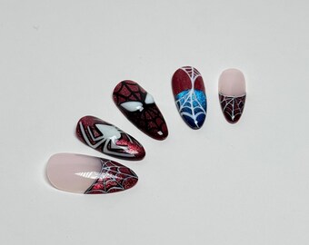 Spider-Man Red and Blue Cateye Halloween Press on Nails with Glow in the Dark Spider and Mask Eyes Avengers Nails