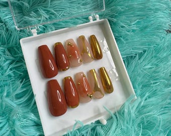 Spice, Spice Baby Burnt Orange Gold Chrome Press on Nails for Fall