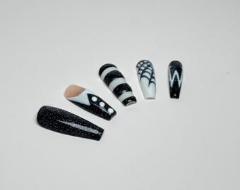 Wednesday from Adaam’s Family Reflective Black and White Glow in the Dark Halloween Press on Nails
