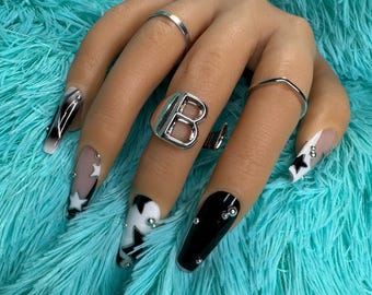 Black White Silver Chrome French Star Press on Nails (Cunty Country)