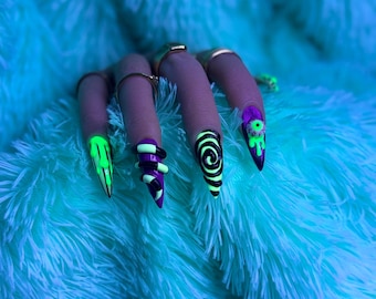 Purple Green Black White Beetlejuice x3 Press on Nails Halloween Glow in the Dark Nails with 3d Nail Art