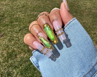 Lime Green Gem Cateye with Gold Bangle Press on Nails