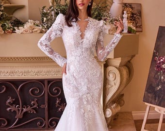 Floral Lace Mermaid Wedding Dress, Long Sleeves, Open Back
