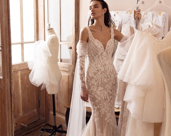 Vestido de novia estilo sirena con encaje floral y mangas desmontables, estilo bohemio, ESMEE