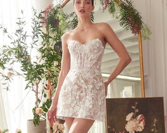 Lace Mini Wedding Dress, Strapless Sweetheart Bridal Gown