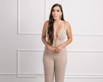 Perlen Braut Overall, Sexy Open Back Hochzeit Hosenanzug