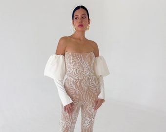 Pearl Beaded Bridal Jumpsuit: Corset Back Wedding Reception Outfit