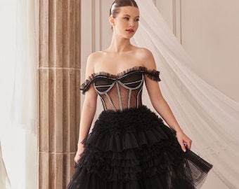 Tüll Brautkleid, schwarzes Brautkleid für die alternative Braut, schwarzes Ballkleid, Korsettkleid, Bustierkleid, Verlobungskleid, NOIR