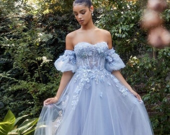 Blaues Hochzeitskleid, gesticktes Hochzeitskleid, Cottagecore Brautkleid, buntes Hochzeitskleid, gestickte Blume Kleid, A-Linie, SKYE