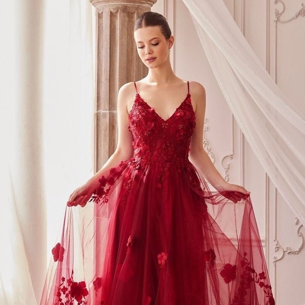 Red Wedding Dress, Colorful Wedding Dress, Embroidered Flower Dress, A Line Wedding Dress, Romantic Bridal Dress, Cottagecore, VIOLET