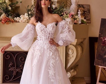 Floral Embroidered Boho Wedding Dress: Tulle A-Line Ballgown with Off The Shoulder Long Puff Sleeves