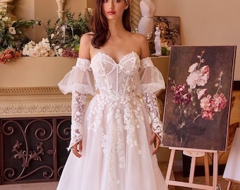 Puff Sleeves Wedding Dress, A-Line Lace Wedding Dress, Embroidered Floral Dress, Romantic Beach Wedding Dress, Floral Lace Ballgown, LEA