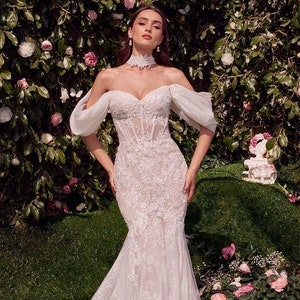 Off The Shoulder Wedding Dress, Corset Wedding Dress, Lace Mermaid Wedding Dress, Fit & Flare Bridal Gown w/ Bridal Choker, GRACE