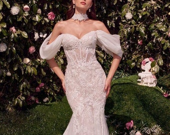 Off The Shoulder Wedding Dress, Corset Wedding Dress, Lace Mermaid Wedding  Dress, Fit Flare Bridal Gown w/ Bridal Choker, GRACE