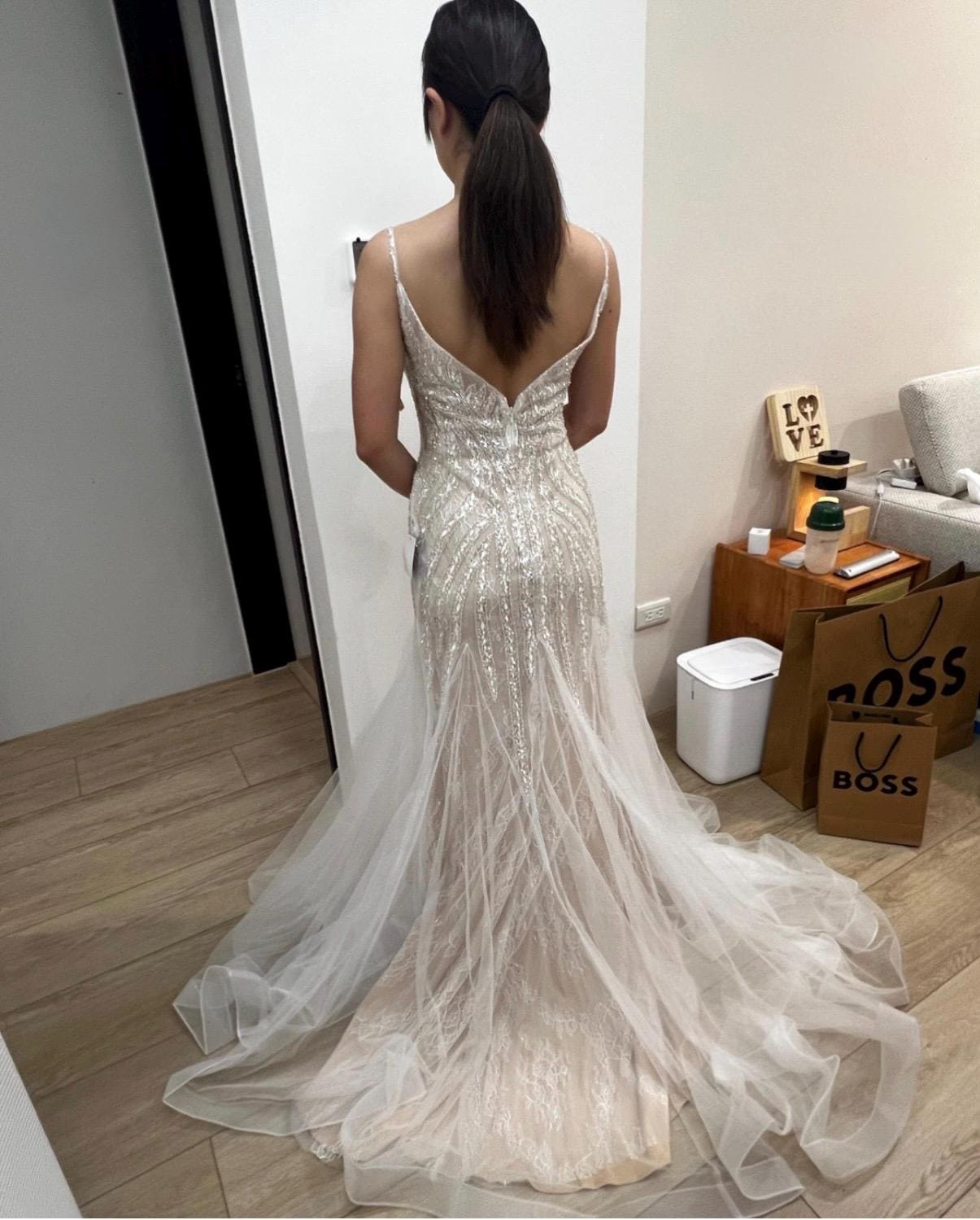 lace backless mermaid wedding dress Casablanca Beloved BL434 Mermaid Sheer Long Sleeve V-Neck Open Back Lace Floral Tulle Train Wedding Gown 32 / SBNI