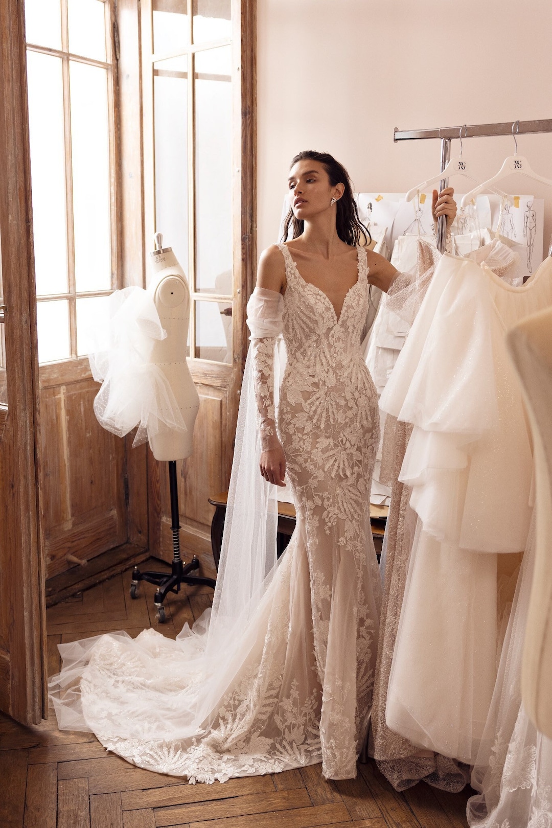 Floral Lace Mermaid Wedding Dress, Detachable Sleeves, Boho Bridal Gown,  ESMEE - Etsy