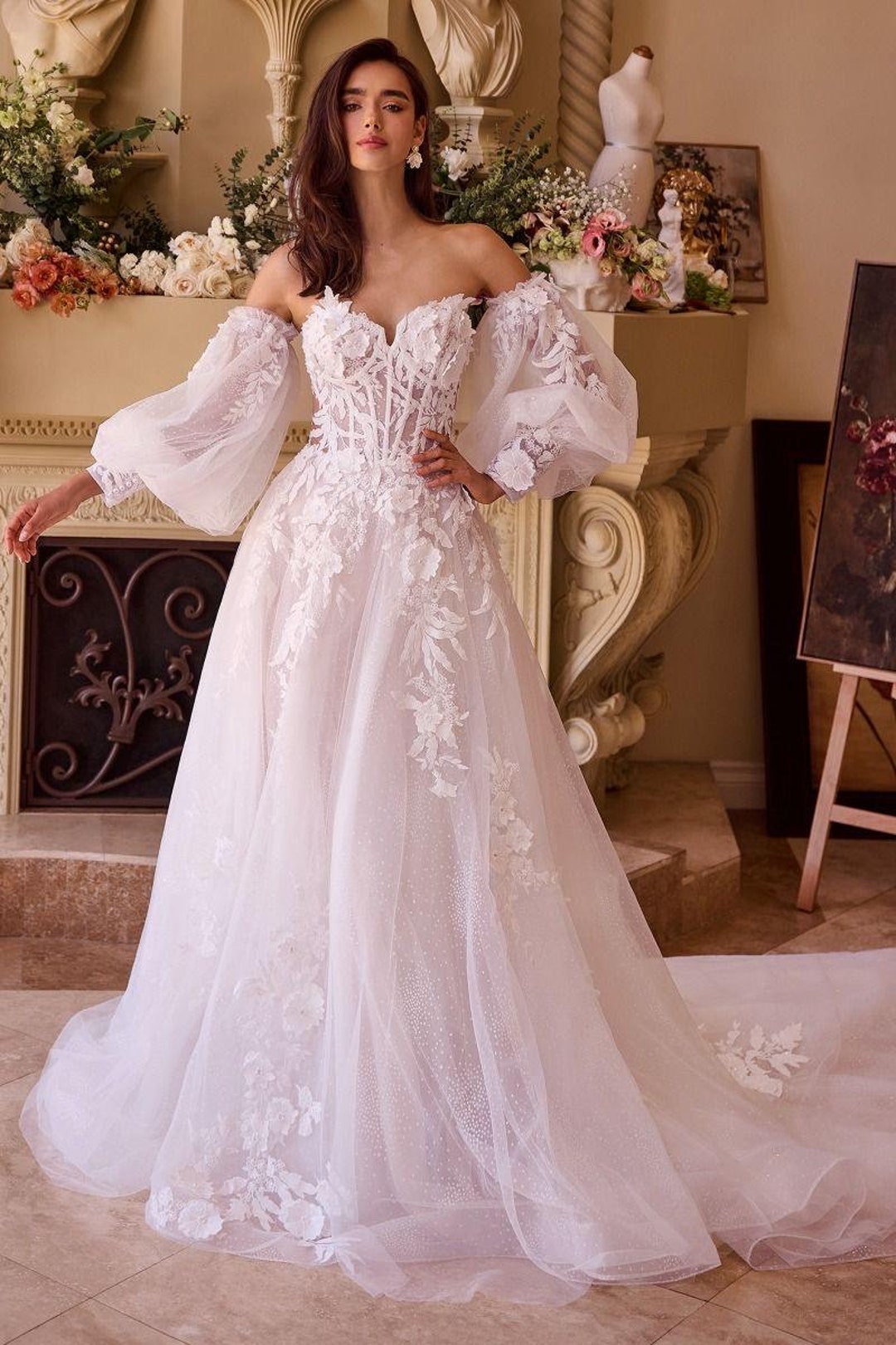 Floral Embroidered Boho Wedding Dress: Tulle A-Line Ballgown with Off The Shoulder Long Puff Sleeves