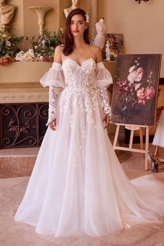 wedding dress sleeves a line Ivory Tulle A-line Wedding Dress - Open Back Floral Lace Wedding Dress - Long Sleeve Wedding Gown Plus Size main image 1