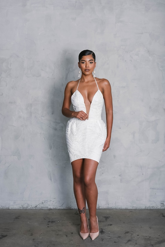 Ivory Pearl Beaded Short Wedding Dress, Plunging V Neck, LENA - Etsy