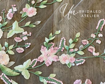 Floral Embroidered Cathedral Wedding Veil, Colorful Lace, Rhinestone Accents