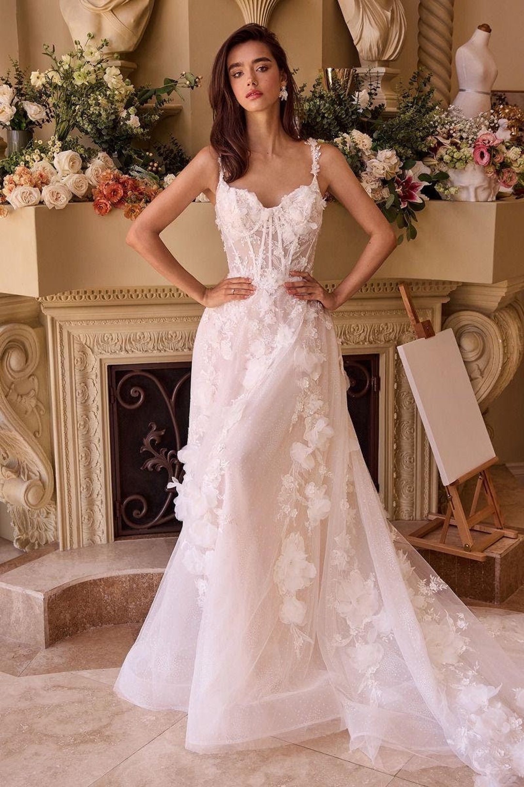 Floral Lace A-line Wedding Dress, Sheer Corset, Long Gown Train - Etsy