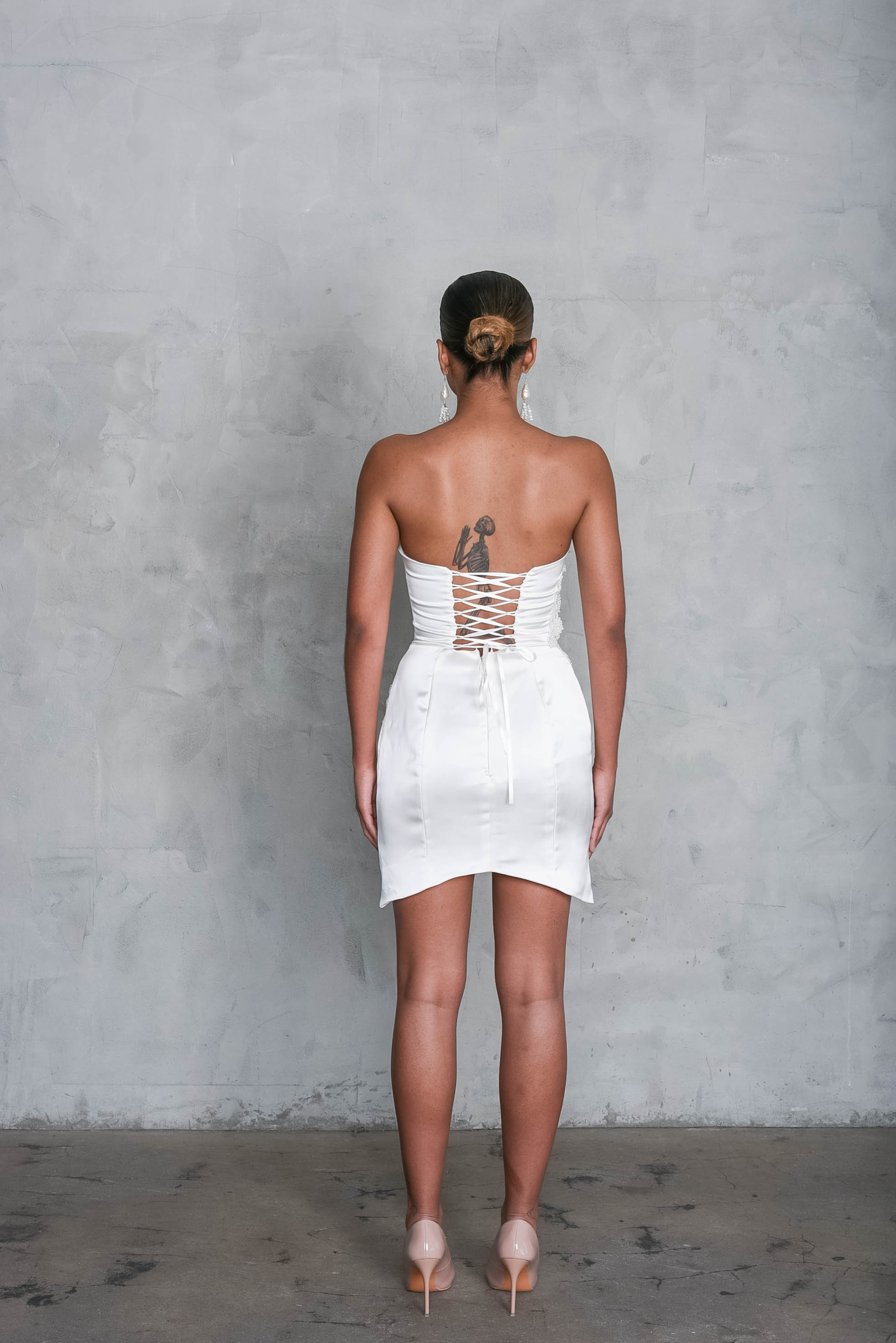 strapless satin mini dress in ivory Ayanna Strapless Mini Dress