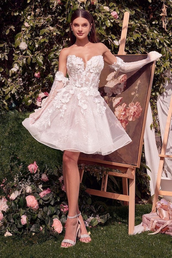 Ivory Floral Applique Short Wedding Dress, Strapless A-Line, Detachable Gloves