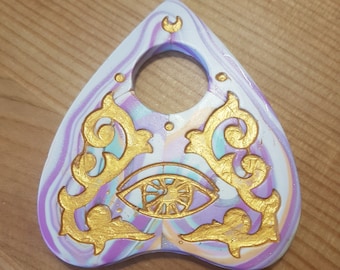 große pastell Regenbogen Planchette, handgemachte Polymer Clay marmorierte Einhorn Ouija Brett Planchette Polymer, mit Augen Motiv.