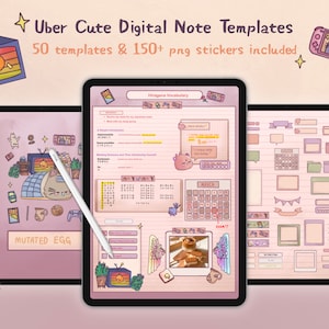 Könnte beinhalten: Eine digitale Planer-Vorlage mit einem rosa und weißen Farbschema. Die Vorlage enthält einen Kalender, eine To-Do-Liste und einen Bereich für Notizen. Die Vorlage ist mit niedlichen Illustrationen von Katzen, einem Fernseher und einer Spielkonsole verziert. Der Text "Hiragana Vocabulary" befindet sich oben auf der Vorlage. Der Text "MUTATED EGG" befindet sich unten auf der Vorlage.
