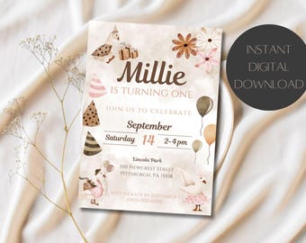 May include: A watercolor-style birthday invitation with the text "Millie is Turning One." The invitation features illustrations of party hats, balloons, and a goose. The date is September 14, 2-4 pm.