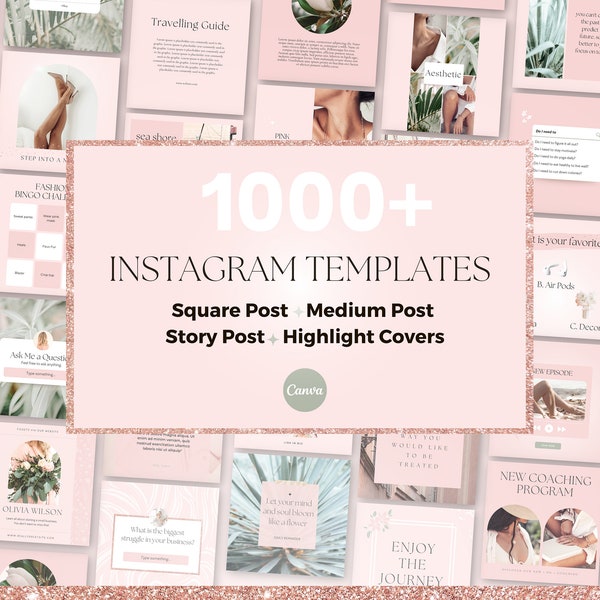 Professional Instagram Templates and Highlights for Social Media, Pink Posts, Rose Gold Square Feed, Green Story Engagement Bundle Pack