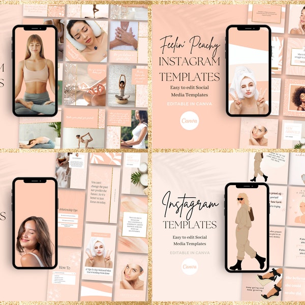 700+ Instagram Bundle Template Peach Pink Posts | Story Highlight Covers Bundle for Beauty Yoga Wellness Coaching