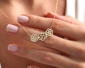 Personalised Birth Flower Necklace Gold, Multiple Birth Month Necklace for Women, Combined Birthflower Necklace for Mom, Christmas Gift -C