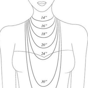 May include: A line drawing of a person's neck and shoulders showing different necklace lengths in inches, from 14 inches to 33 inches.