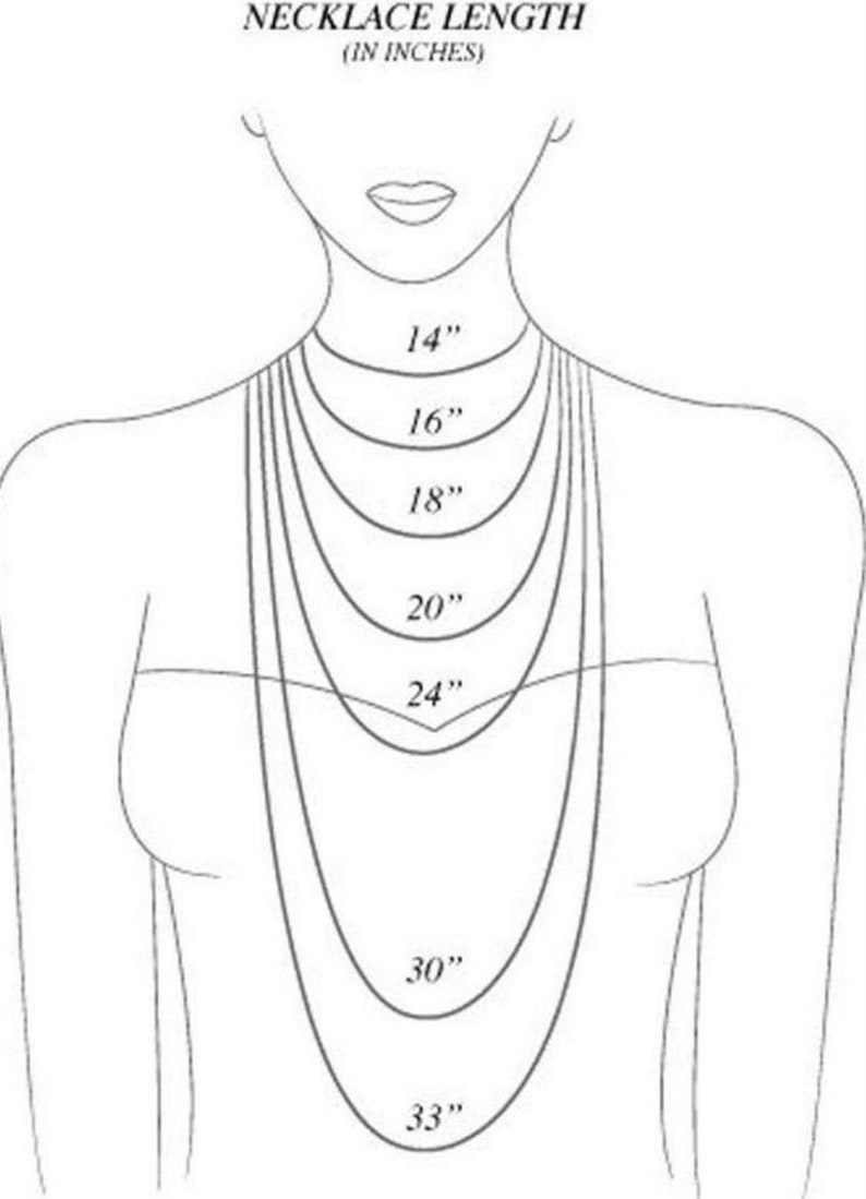 May include: A line drawing of a person's neck and shoulders showing different necklace lengths in inches, from 14 inches to 33 inches.