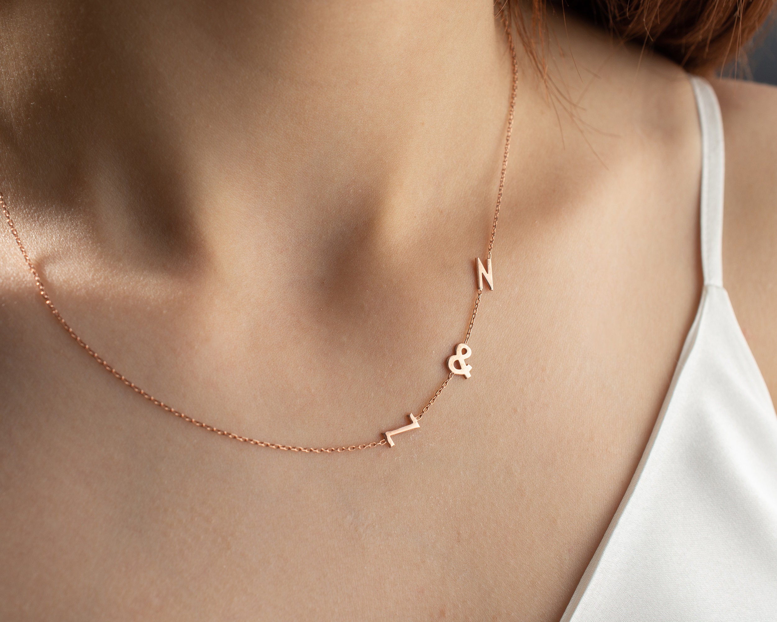 Sideways initial necklace rose gold deals