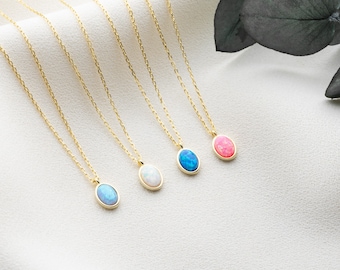 14k Gold Pink Opal Necklace, Blue Oval Opal Pendant, White Fire Opal Necklace, December, October Birthstone Jewellery, Women Birthday Gift