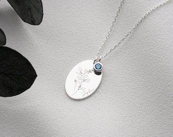 Collana personalizzata del mese di nascita, collana di dicembre con bacche di agrifoglio, collana di fiori di nascita in argento con pietra portafortuna, regalo di compleanno per la figlia