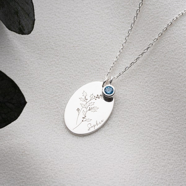 Collier personnalisé pour le mois de naissance, collier de décembre aux baies de houx, collier de fleurs de naissance en argent avec pierre de naissance, cadeau d'anniversaire pour fille