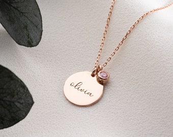 Personalised Disc Name Necklace with Birthstone, Dainty Name Pendant, Engraved Initial Necklace, Teenage Girl Birthday Gift, Mother Day Gift