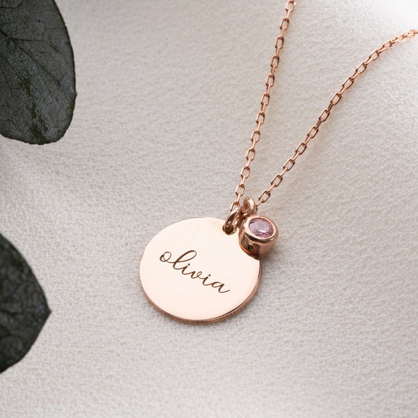 Personalised Disc Name Necklace with Birthstone, Dainty Name Pendant, Engraved Initial Necklace, Teenage Girl Birthday Gift, Mother Day Gift