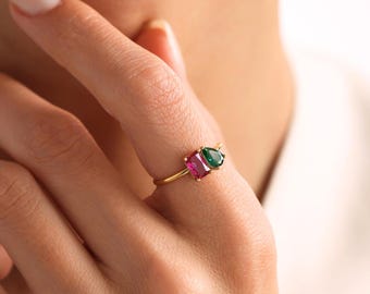 パーソナライズされた誕生石リング：Toi et Moi ジェムストーンリング、スターリングシルバー