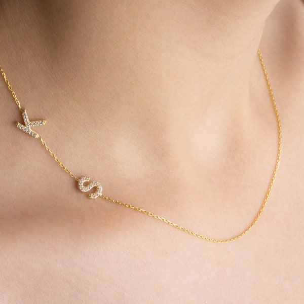 Sideways Initial Necklace, Dainty Pave Letter Necklace, Diamond Initial Pendant, 14k Gold Plated, Women Gift, Bridesmaid, Bride, Mother Gift