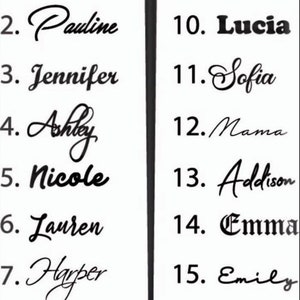 May include: A list of popular girl names, numbered 1 through 16, written in cursive script. The names include Mary, Pauline, Jennifer, Ashley, Nicole, Lauren, Harper, Sarah, Isabella, Lucia, Sofia, Mama, Addison, Emma, Emily, and Olivia.