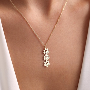 May include: Gold necklace with a pendant of paw prints, each engraved with a name: Oscar, Luna, Daisy.